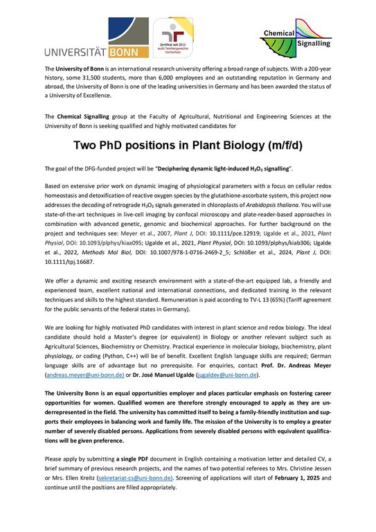 Two PhD positions in Plant Biology (m/f/d) - Chemical Signalling